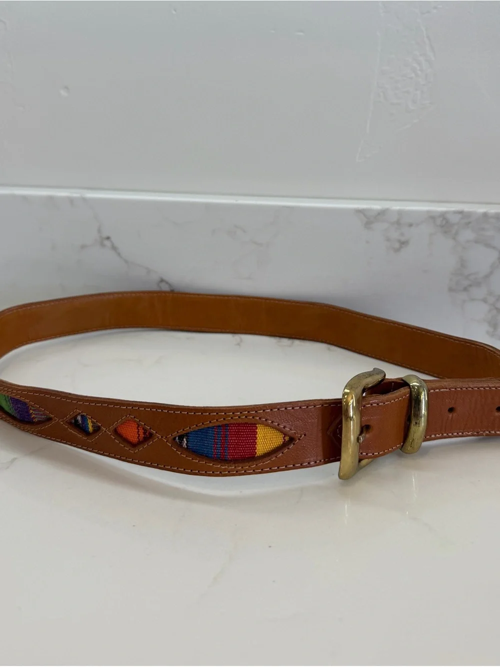Womens Large Belt Genuine Leather Colorful Embroidered Inserts Brown